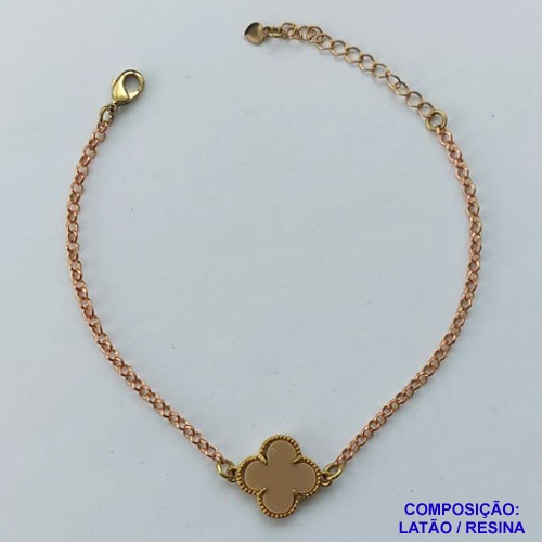 PULSEIRA NO BRUTO PRONTO PARA O BANHO - PULSEIRA COM CORRENTE 18CM + EXTENSOR COM PINGENTE TIPO VAN CLEEF BEGE ESCURO 12MM - PESO TOTAL 2,8GR - COMPOSIÇÃO: LATÃO / RESINA - BRU14294