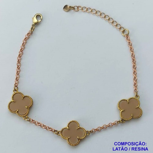 PULSEIRA NO BRUTO PRONTO PARA O BANHO - PULSEIRA COM CORRENTE 18CM + EXTENSOR COM PINGENTE TIPO VAN CLEEF BEGE ESCURO 12MM - PESO TOTAL 4,4GR - COMPOSIÇÃO: LATÃO / RESINA - BRU14299