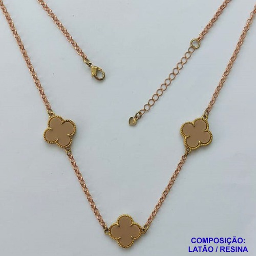 SHOCKER  NO BRUTO PRONTO PARA O BANHO - CORRENTE 40CM + EXTENSOR COM PINGENTES TIPO VAN CLEEF BEGE ESCURO 15MM - PESO TOTAL 6,2GR - COMPOSIÇÃO: LATÃO / RESINA - BRU14300