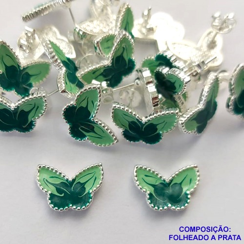 BRINCO FOLHEADO A PRATA COM 50 MILÉSIMOS + VERNIZ DIAMOND - BRINCO DE PINO BORBOLETA VERDE 8MM PRA194