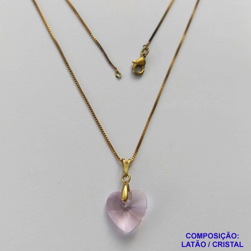 GARGANTILHA NO BRUTO PRONTA PARA O BANHO - (CX111) CORRENTE VENEZIANA DE 45CM PINGENTE FORMATO CORAÇÃO CRISTAL AUSTRÍACO ROSA 13MM  - PESO TOTAL 2,0GR  BRU14306