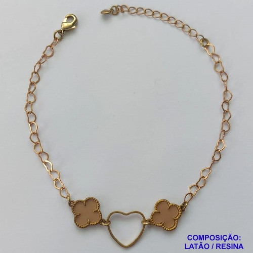 PULSEIRA NO BRUTO PRONTO PARA O BANHO - PULSEIRA 18CM + EXTENSOR COM PINGENTES TIPO VAN CLEEF BEGE ESCURO 10MM E CORAÇÃO VAZADO - PESO TOTAL 2,5GR - COMPOSIÇÃO: LATÃO / VIDRO - BRU14309