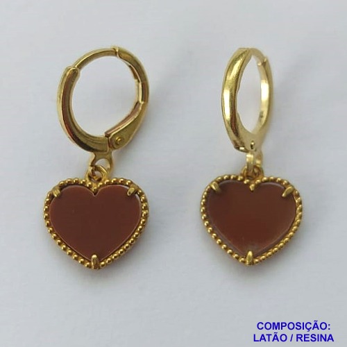 BRINCO NO BRUTO PRONTO PARA O BANHO - BRINCO DE ARGOLINHA (TRANQUETA) COM PINGENTES TIPO VAN CLEEF MARROM CORAÇÃO 10MM - PESO TOTAL 1,4GR - BRU14316