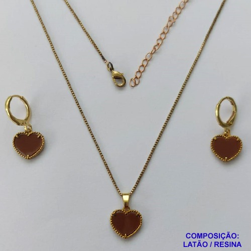 CONJUNTO NO BRUTO PRONTO PARA O BANHO - GARGANTILHA CORRENTE VENEZIANA  45CM COM PINGENTES TIPO VAN CLEEF MARROM CORAÇÃO 10MM + BRINCO DE ARGOLINHA (TRANQUETA) VAN CLEEFF MARROM CORAÇÃO 10MM - PESO TOTAL 4,3GR + EXTENSOR - BRU14318