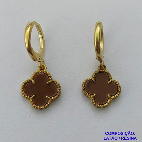 BRINCO NO BRUTO PRONTO PARA O BANHO - BRINCO DE ARGOLINHA (TRANQUETA) COM PINGENTES TIPO VAN CLEEF MARROM 10MM - PESO TOTAL 1,4GR - BRU14320