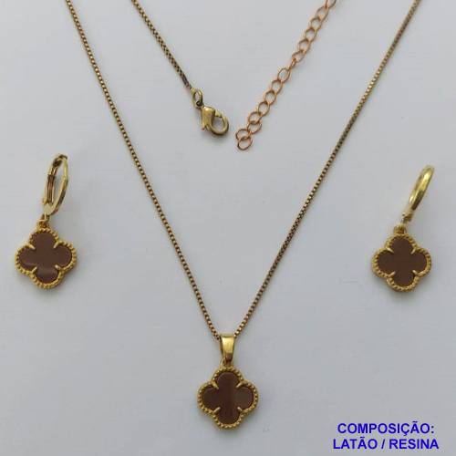 CONJUNTO NO BRUTO PRONTO PARA O BANHO - GARGANTILHA CORRENTE VENEZIANA  45CM COM PINGENTES TIPO VAN CLEEF MARROM 10MM + BRINCO DE ARGOLINHA (TRANQUETA) VAN CLEEFF MARROM 10MM - PESO TOTAL 4,3GR + EXTENSOR - BRU14321