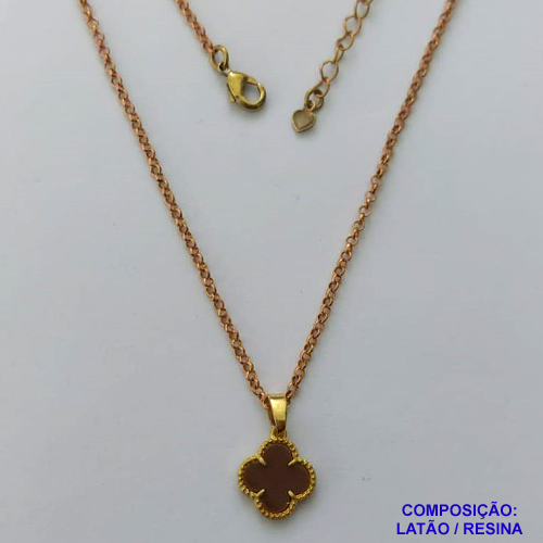GARGANTILHA NO BRUTO PRONTO PARA O BANHO - GARGANTILHA CORRENTE ELLO PORTUGUÊS 45CM COM PINGENTE TIPO VAN CLEEF MARROM 10MM - PESO TOTAL 3,2GR - BRU14322