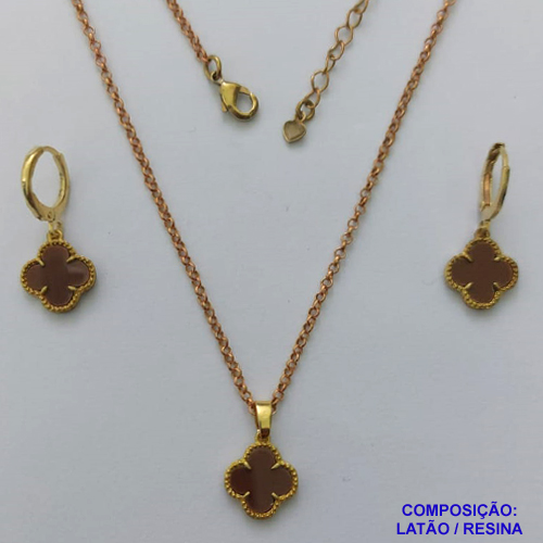 CONJUNTO NO BRUTO PRONTO PARA O BANHO - GARGANTILHA CORRENTE ELLO PORTUGUÊS 45CM COM PINGENTES TIPO VAN CLEEF MARROM CORAÇÃO 10MM + BRINCO DE ARGOLINHA (TRANQUETA) VAN CLEEFF MARROM 10MM - PESO TOTAL 5,3GR + EXTENSOR - BRU14323
