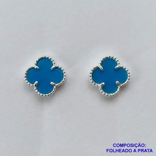 BRINCO FOLHEADO A PRATA COM 50 MILÉSIMOS + VERNIZ DIAMOND - BRINCO DE PINO TIPO VAN CLEEF AZUL 10MM PRA198