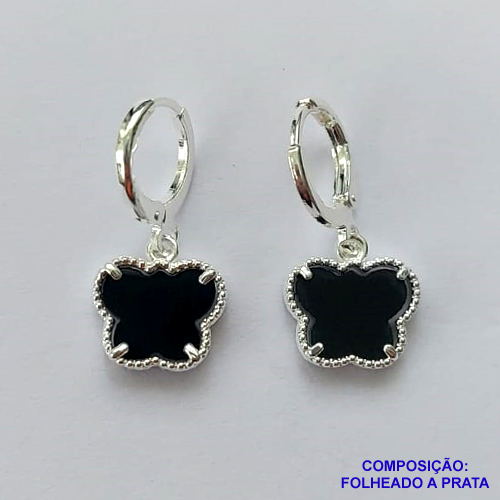 BRINCO FOLHEADO A PRATA COM 50 MILÉSIMOS + VERNIZ DIAMOND - BRINCO ARGOLINHA DE PRESSÃO (TRANQUETA) TIPO VAN CLEEF BORBOLETA PRETA 10MM PRA201