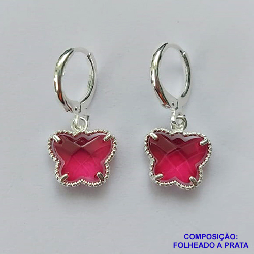 BRINCO FOLHEADO A PRATA COM 50 MILÉSIMOS + VERNIZ DIAMOND - BRINCO ARGOLINHA DE PRESSÃO (TRANQUETA) TIPO VAN CLEEF BORBOLETA ROSA VIDRO 10MM PRA203