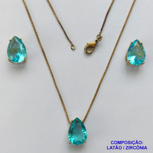 CONJUNTO NO BRUTO PRONTO PARA O BANHO - CORRENTE VENEZIANA 45CM E PINGENTE ZIRCÔNIA AZUL COM BASE EM ALTA FUSÃO E BRINCO EM ZIRCÔNIA AZUL BASE ALTA FUSÃO - TAMANHO 10X14 - PESO TOTAL 8,6GR -  BRU14324