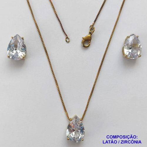 CONJUNTO NO BRUTO PRONTO PARA O BANHO - CORRENTE VENEZIANA 45CM E PINGENTE DE ZIRCÔNIA CRISTAL COM BASE EM ALTA FUSÃO E BRINCO EM ZIRCÔNIA CRISTAL BASE ALTA FUSÃO - TAMANHO 10X14MM - PESO TOTAL 8,6GR -  BRU14327