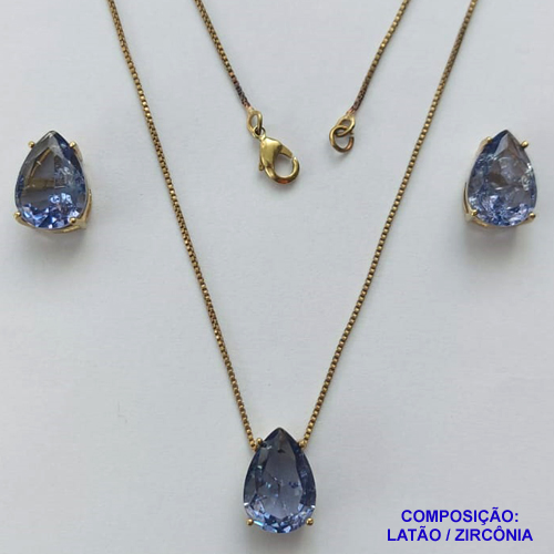 CONJUNTO NO BRUTO PRONTO PARA O BANHO - CORRENTE VENEZIANA 45CM E PINGENTE DE ZIRCÔNIA LILÁS COM BASE EM ALTA FUSÃO E BRINCO EM ZIRCÔNIA LILÁS BASE ALTA FUSÃO - TAMANHO 10X14MM - PESO TOTAL 8,6GR -  BRU14328