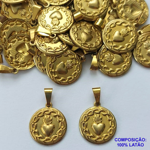 PINGENTE NO BRUTO PRONTO PARA O BANHO - (CX.50)  PINGENTE MEDALHA RENDONDA COM CORAÇÃO 15MM - PESO TOTAL 1,2GR -  BRU14330