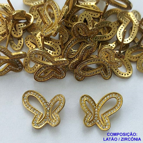 BRINCO NO BRUTO PRONTA PARA BANHO - (CX.50)  BRINCO DE PINO BORBOLETA VAZADO CRAVEJADO EM ZIRCÔNIAS 13X15MM - PESO 1,8GR -  BRU14333