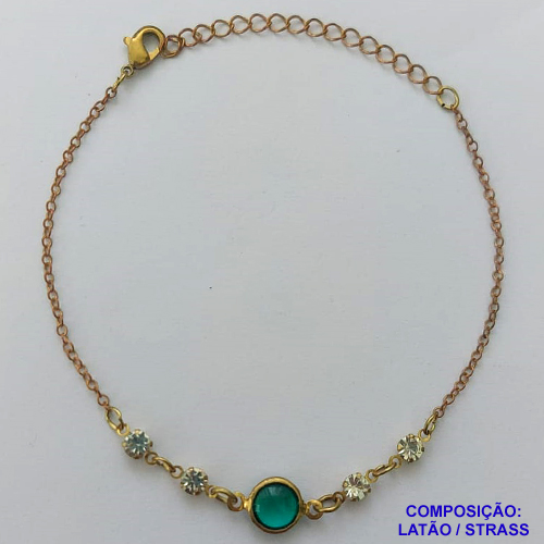 PULSEIRA NO BRUTO PRONTA PARA O BANHO - ( CX.14)  PULSEIRA COM STRASS E ACRÍLICO VERDE - TAMANHO: 17CM + EXTENSOR E FECHO LAGOSTA - PESO TOTAL 1,3GR - COMPOSIÇÃO: LATÃO / ACRÍLICO - BRU14337