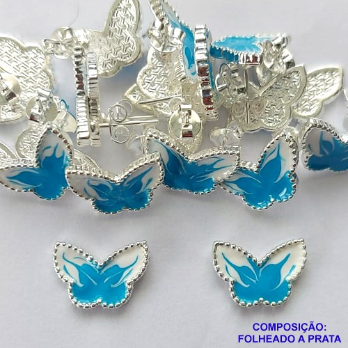 BRINCO FOLHEADO A PRATA COM 50 MILÉSIMOS + VERNIZ DIAMOND - BRINCO DE PINO BORBOLETA AZUL 8MM PRA210