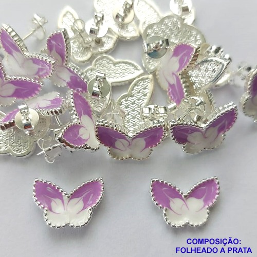BRINCO FOLHEADO A PRATA COM 50 MILÉSIMOS + VERNIZ DIAMOND - BRINCO DE PINO BORBOLETA LILÁS COM BRANCA 8MM PRA209