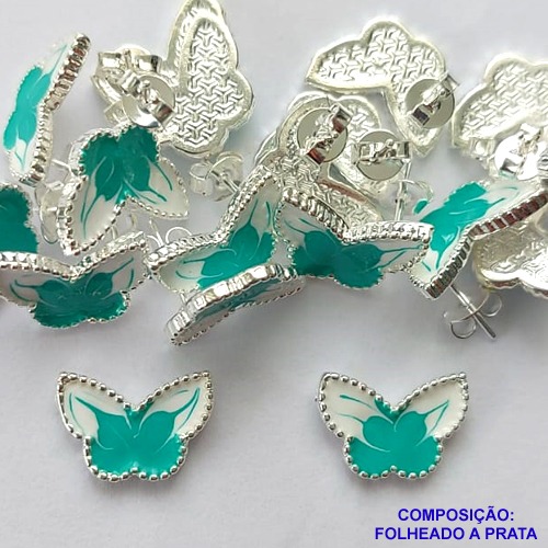 BRINCO FOLHEADO A PRATA COM 50 MILÉSIMOS + VERNIZ DIAMOND - BRINCO DE PINO BORBOLETA VERDE COM BRANCA 8MM PRA208