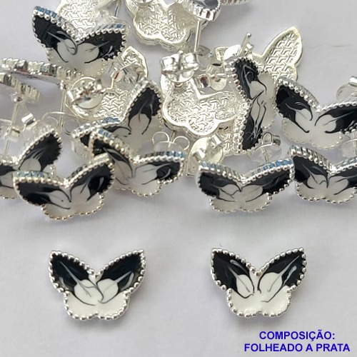 BRINCO FOLHEADO A PRATA COM 50 MILÉSIMOS + VERNIZ DIAMOND - BRINCO DE PINO BORBOLETA PRETA COM BRANCA 8MM PRA212
