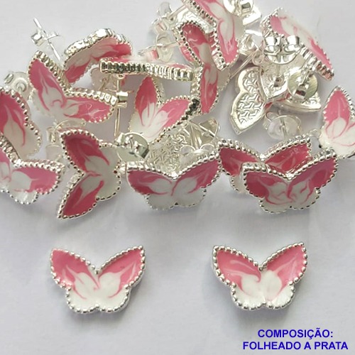 BRINCO FOLHEADO A PRATA COM 50 MILÉSIMOS + VERNIZ DIAMOND - BRINCO DE PINO BORBOLETA ROSA COM BRANCA 8MM PRA213
