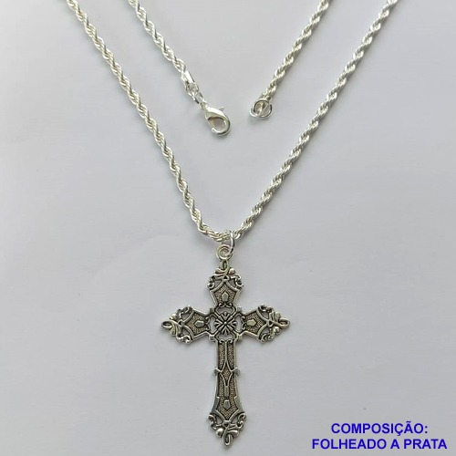 GARGANTILHA FOLHEADA A PRATA COM 80 MILÉSIMOS + VERNIZ CATAFORÉTICO - GARGANTILHA CORRENTE CORDÃO BAIANO 50CM PINGENTE CRUCIFIXO PRATA ENVELHECIDA 36X50MM - LARGURA 2MM E FECHO LAGOSTA PRA214