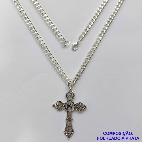 GARGANTILHA FOLHEADA A PRATA COM 80 MILÉSIMOS + VERNIZ CATAFORÉTICO - GARGANTILHA CORRENTE 60CM PINGENTE CRUCIFIXO PRATA ENVELHECIDA 36X50MM - LARGURA 4MM E FECHO LAGOSTA PRA215