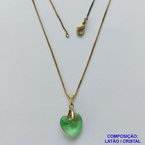 GARGANTILHA NO BRUTO PRONTA PARA O BANHO(CX112)- CORRENTE VENEZIANA DE 45CM PINGENTE FORMATO CORAÇÃO CRISTAL AUSTRÍACO VERDE 13MM  - PESO TOTAL 2,0GR  BRU14341