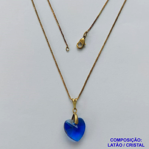 GARGANTILHA NO BRUTO PRONTA PARA O BANHO(CX112) - CORRENTE VENEZIANA DE 45CM PINGENTE FORMATO CORAÇÃO CRISTAL AUSTRÍACO AZUL 13MM  - PESO TOTAL 2,0GR  BRU14342