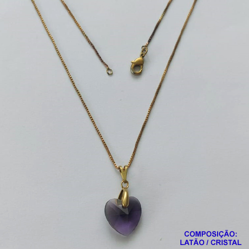 GARGANTILHA NO BRUTO PRONTA PARA O BANHO(CX112) - CORRENTE VENEZIANA DE 45CM PINGENTE FORMATO CORAÇÃO CRISTAL AUSTRÍACO LILÁS 13MM  - PESO TOTAL 2,0GR  BRU14344