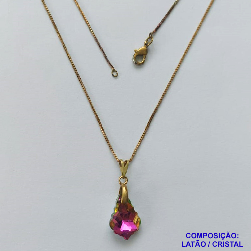GARGANTILHA NO BRUTO PRONTA PARA O BANHO(CX112) - CORRENTE VENEZIANA DE 45CM PINGENTE FORMATO CRISTAL ROSA 16MM  - PESO TOTAL 3,1GR  BRU14347