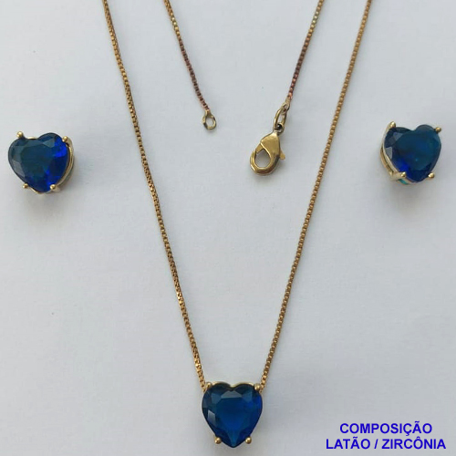 CONJUNTO NO BRUTO PRONTO PARA O BANHO - CORRENTE VENEZIANA 45CM E PINGENTE E BRINCOS COM BASE EM ALTA FUSÃO E ZIRCÔNIAS CORAÇÃO AZUL ESCURO - TAMANHO 10MM - PESO TOTAL 6GR -  BRU14348