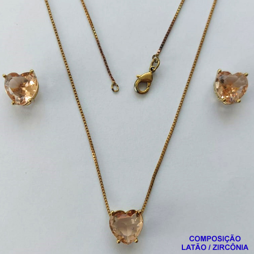 CONJUNTO NO BRUTO PRONTO PARA O BANHO - CORRENTE VENEZIANA 45CM E PINGENTE E BRINCOS COM BASE EM ALTA FUSÃO E ZIRCÔNIAS CORAÇÃO BEGE - TAMANHO 10X10MM - PESO TOTAL 6GR -  BRU14349