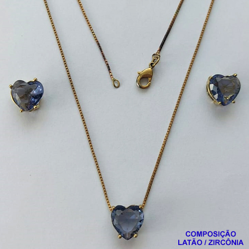 CONJUNTO NO BRUTO PRONTO PARA O BANHO - CORRENTE VENEZIANA 45CM E PINGENTE E BRINCOS COM BASE EM ALTA FUSÃO E ZIRCÔNIAS CORAÇÃO LILÁS - TAMANHO 10X10MM - PESO TOTAL 6GR -  BRU14350