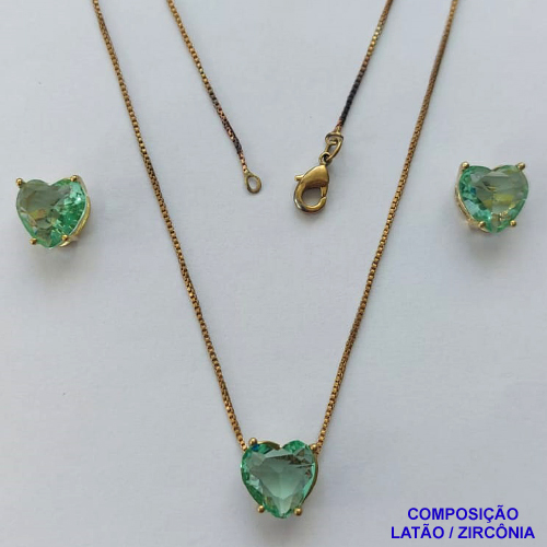 CONJUNTO NO BRUTO PRONTO PARA O BANHO - CORRENTE VENEZIANA 45CM E PINGENTE E BRINCOS COM BASE EM ALTA FUSÃO E ZIRCÔNIAS CORAÇÃO VERDE CLARO - TAMANHO 10X10MM - PESO TOTAL 6GR -  BRU14352