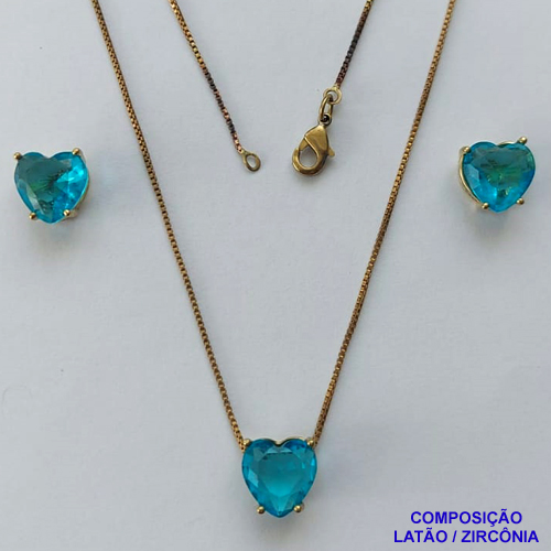 CONJUNTO NO BRUTO PRONTO PARA O BANHO - CORRENTE VENEZIANA 45CM E PINGENTE E BRINCOS COM BASE EM ALTA FUSÃO E ZIRCÔNIAS CORAÇÃO AZUL - TAMANHO 10X10MM - PESO TOTAL 6GR -  BRU14353