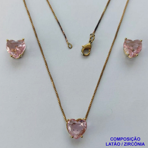 CONJUNTO NO BRUTO PRONTO PARA O BANHO - CORRENTE VENEZIANA 45CM E PINGENTE E BRINCOS COM BASE EM ALTA FUSÃO E ZIRCÔNIAS CORAÇÃO ROSA - TAMANHO 10X10MM - PESO TOTAL 6GR -  BRU14354
