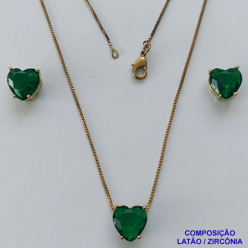 CONJUNTO NO BRUTO PRONTO PARA O BANHO - CORRENTE VENEZIANA 45CM E PINGENTE E BRINCOS COM BASE EM ALTA FUSÃO E ZIRCÔNIAS CORAÇÃO VERDE ESCURO - TAMANHO 10X10MM - PESO TOTAL 6GR -  BRU14355