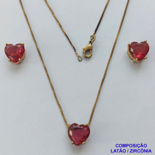 CONJUNTO NO BRUTO PRONTO PARA O BANHO - CORRENTE VENEZIANA 45CM E PINGENTE E BRINCOS COM BASE EM ALTA FUSÃO E ZIRCÔNIAS CORAÇÃO VERMELHO - TAMANHO 10X10MM - PESO TOTAL 6GR -  BRU14356