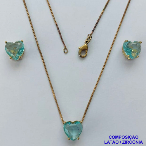 CONJUNTO NO BRUTO PRONTO PARA O BANHO - CORRENTE VENEZIANA 45CM E PINGENTE E BRINCOS COM BASE EM ALTA FUSÃO E ZIRCÔNIAS CORAÇÃO AZUL CLARO - TAMANHO 10X10MM - PESO TOTAL 6GR -  BRU14357