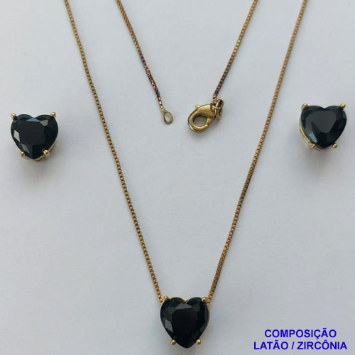 CONJUNTO NO BRUTO PRONTO PARA O BANHO - CORRENTE VENEZIANA 45CM E PINGENTE E BRINCOS COM BASE EM ALTA FUSÃO E ZIRCÔNIAS CORAÇÃO PRETO - TAMANHO 10X10MM - PESO TOTAL 6GR -  BRU14358