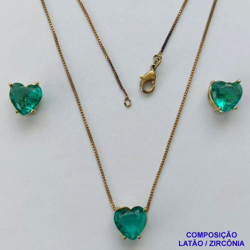 CONJUNTO NO BRUTO PRONTO PARA O BANHO - CORRENTE VENEZIANA 45CM E PINGENTE E BRINCOS COM BASE EM ALTA FUSÃO E ZIRCÔNIAS CORAÇÃO VERDE - TAMANHO 10X10MM - PESO TOTAL 6GR -  BRU14359