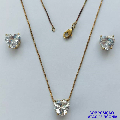 CONJUNTO NO BRUTO PRONTO PARA O BANHO - CORRENTE VENEZIANA 45CM E PINGENTE E BRINCOS COM BASE EM ALTA FUSÃO E ZIRCÔNIAS CORAÇÃO CRISTAL - TAMANHO 10X10MM - PESO TOTAL 6GR -  BRU14360