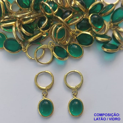 BRINCO NO BRUTO PRONTO BANHO - BRINCO ARGOLINHA DE PRESSÃO (TRANQUETA) COM PINGENTE EM GOTA VERDE 13MM - PESO TOTAL 2,3GR - BRU14362