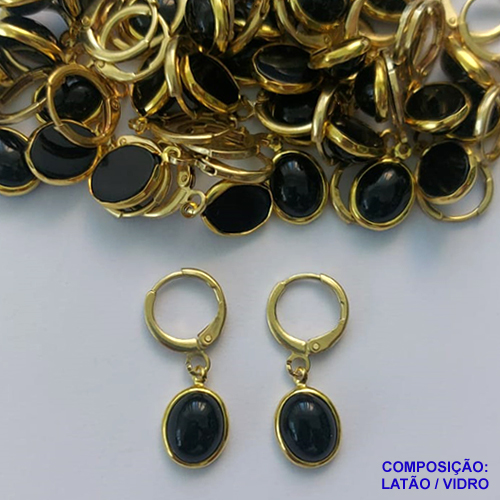 BRINCO NO BRUTO PRONTO BANHO - BRINCO ARGOLINHA DE PRESSÃO (TRANQUETA) COM PINGENTE EM GOTA PRETA 13MM - PESO TOTAL 2,3GR - BRU14365