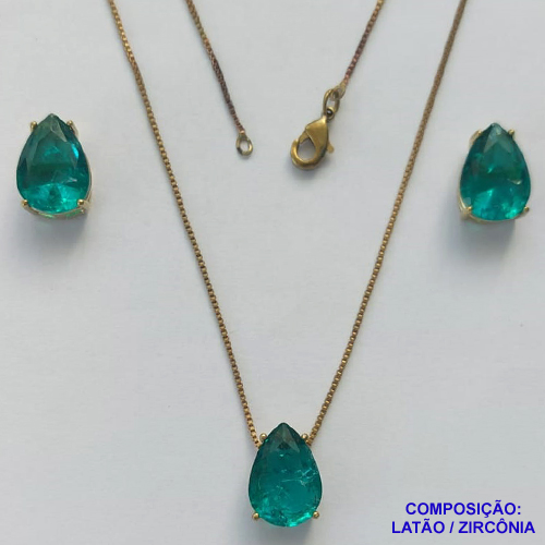 CONJUNTO NO BRUTO PRONTO PARA O BANHO - CORRENTE VENEZIANA 45CM E PINGENTE E BRINCOS COM BASE EM ALTA FUSÃO E ZIRCÔNIAS VERDE 10X14MM - PESO TOTAL 8,6GR -  BRU14369