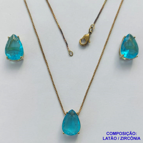 CONJUNTO NO BRUTO PRONTO PARA O BANHO - CORRENTE VENEZIANA 45CM E PINGENTE E BRINCOS COM BASE EM ALTA FUSÃO E ZIRCÔNIAS AZUL 10X14MM - PESO TOTAL 8,6GR -  BRU14370