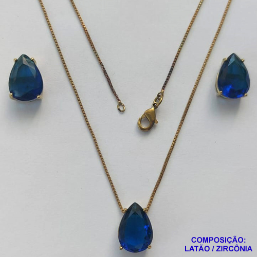 CONJUNTO NO BRUTO PRONTO PARA O BANHO - CORRENTE VENEZIANA 45CM E PINGENTE E BRINCOS COM BASE EM ALTA FUSÃO E ZIRCÔNIAS AZUL ESCURA 10X14MM - PESO TOTAL 8,6GR -  BRU14371