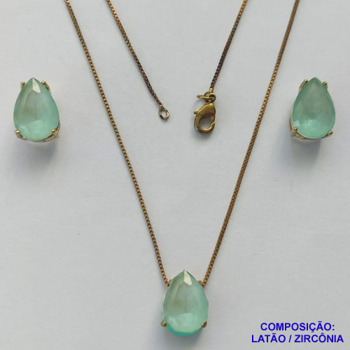 CONJUNTO NO BRUTO PRONTO PARA O BANHO - CORRENTE VENEZIANA 45CM E PINGENTE E BRINCOS COM BASE EM ALTA FUSÃO E ZIRCÔNIAS VERDE LEITOSA 10X14MM - PESO TOTAL 8,6GR -  BRU14372